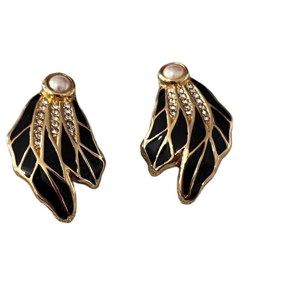 CHRISTIAN DIOR BLACK ENAMEL RHINESTONE WITH PEARL EARRINGS